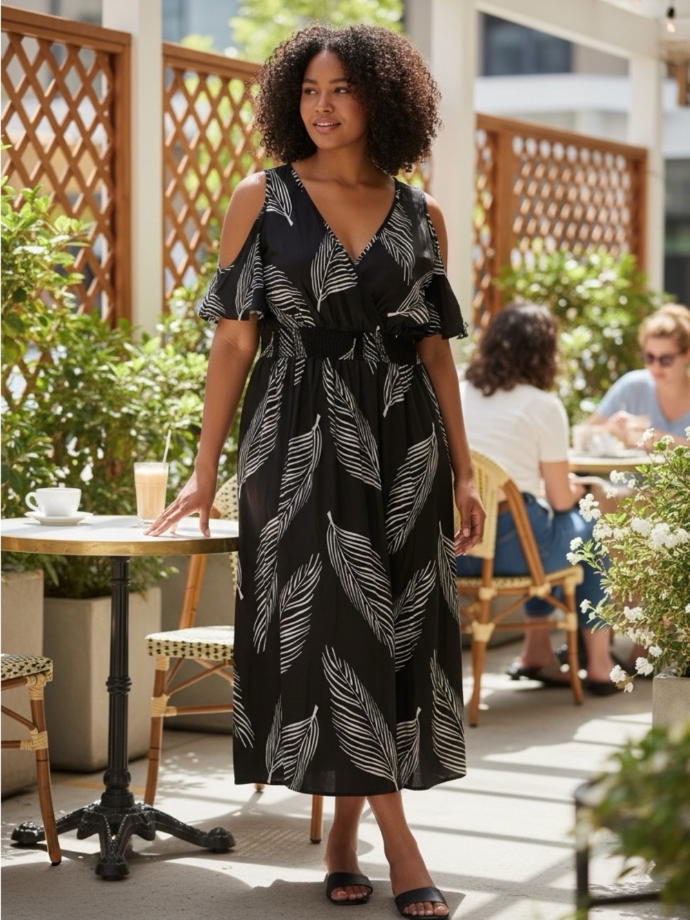 Cold-Shoulder Black Leaf-Print Midi Dress